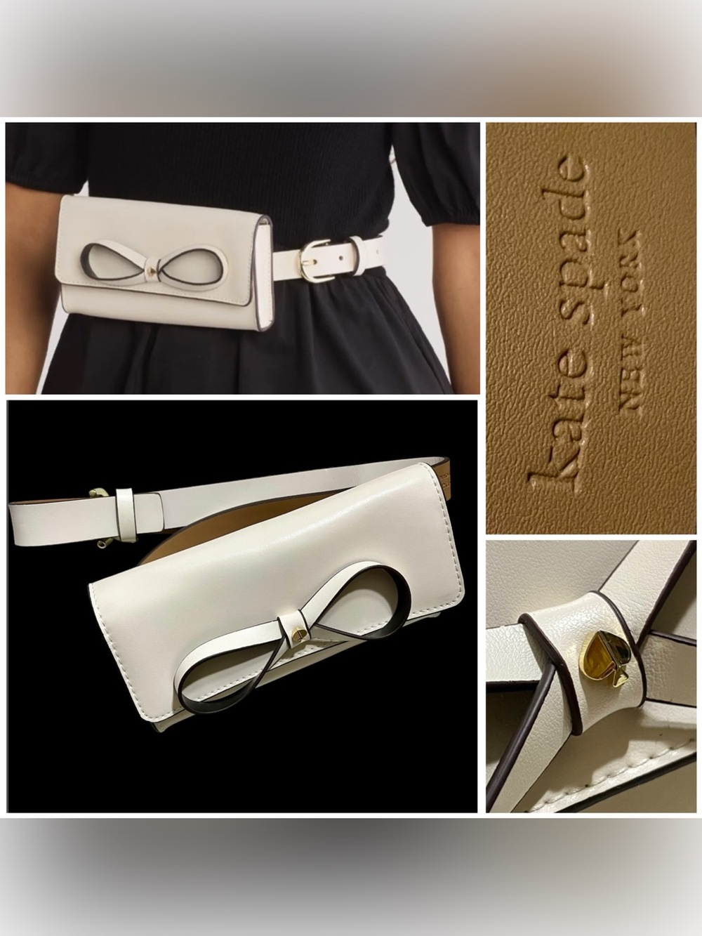 Kate Spade Women's Genuine Leather Belt Bag - White/Ivory with Bow Detail - S/M